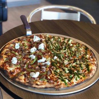 PJ's Pizza - Big 16" Half and Half (#3. 16" Chicken, artichoke, pesto and #8. 16" Lamb, ricotta, red onions, bell peppers, sun-dried tomatoes) - Pizza Near Me - San Mateo, California