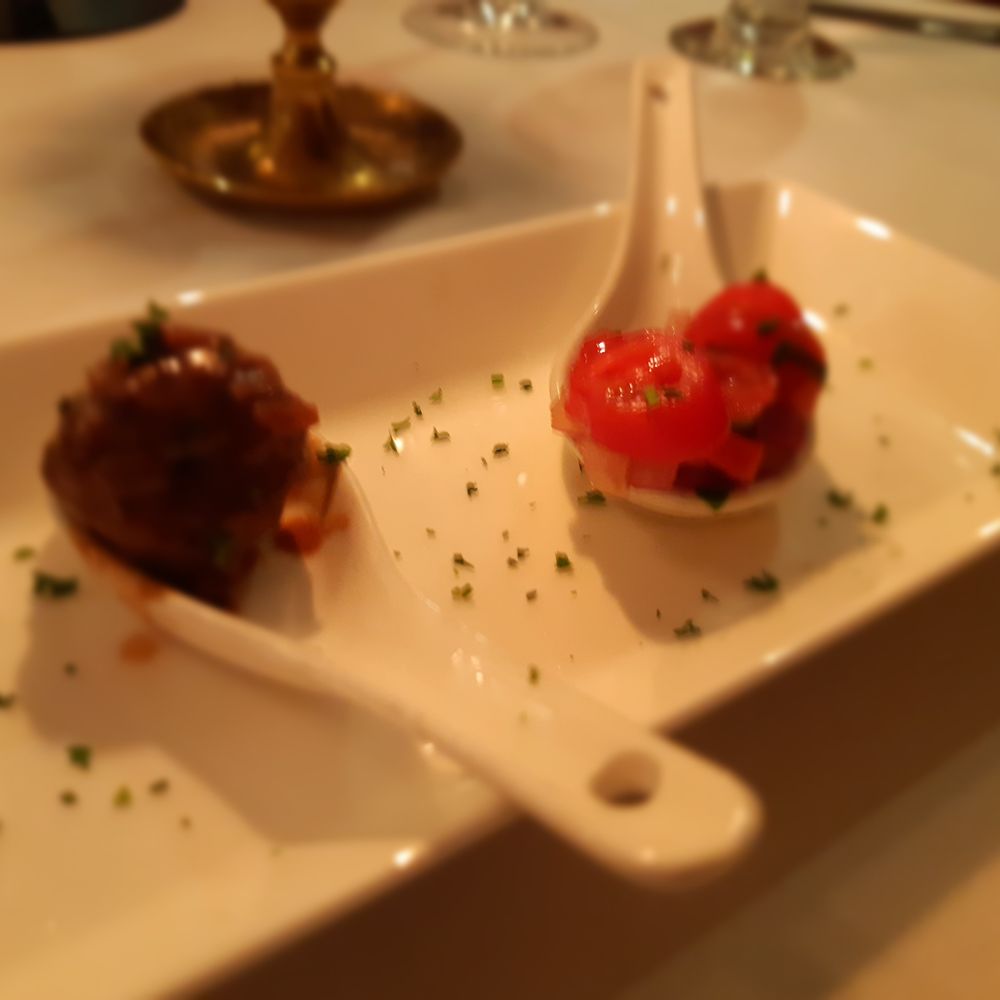 Old Surrey Restaurant - Amuse bouche beef meatball for me and a non beef tomatoe tasting for my wife - French Near Me - Surrey, British Columbia