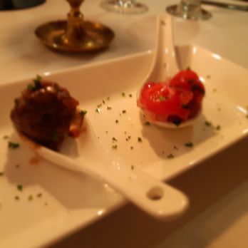 Old Surrey Restaurant - Amuse bouche beef meatball for me and a non beef tomatoe tasting for my wife - French Near Me - Surrey, British Columbia
