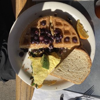 Sunshine Café - Blueberry Belgium Waffle, Alfred Packer Omelet with slice of  Sourdough Toast. - Breakfast & Brunch Near Me - Silverthorne, Colorado