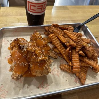 Donkey Mo’s - Ordered the 3 piece Sweet and Sour Tenders with Sweet Potato fries - Korean Near Me - Austin, Texas Donkey Mo’s - Ordered the 3 piece Sweet and Sour Tenders with Sweet Potato fries - Korean Near Me - Austin, Texas