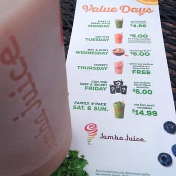 Jamba - Their "Value Days" are nice. I like to go on "Top Five Tuesdays". - Juice Bars & Smoothies Near Me - Wood Village, Oregon Jamba - Their "Value Days" are nice. I like to go on "Top Five Tuesdays". - Juice Bars & Smoothies Near Me - Wood Village, Oregon
