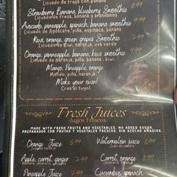 Menu for smoothies & juices Menu for smoothies & juices