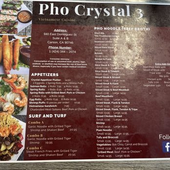 Pho Crystal - Front of the menu - Vietnamese Near Me - Carson, California
