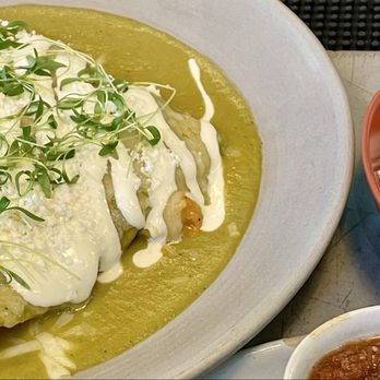 Flora - Shrimp Enchiladas with chipotle cream sauce, queso fresco, crema & black beans - Mexican Near Me - Albuquerque, New Mexico