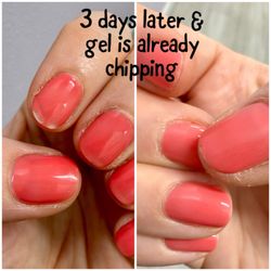Tiffany Nail Salon - 3 days post gel, 3 nails already chipping. I've had better results either regular polish.