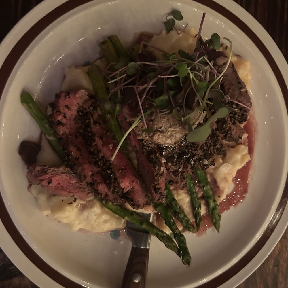 Allegory - Skirt steak with garlic, mash, and asparagus with micro greens - American Near Me - Naperville, Illinois