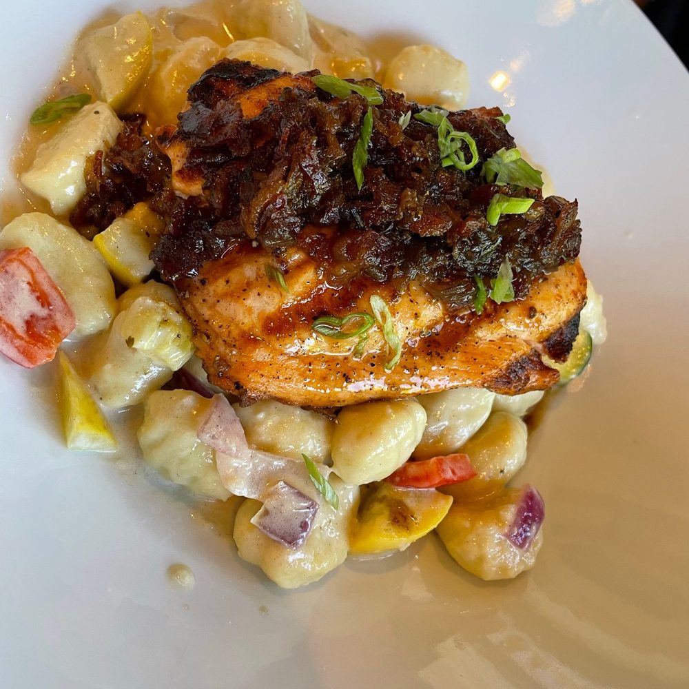 Wind & Waves Grill - Bacon-crushed salmon with potato gnocchi, vegetables, and horseradish cream - Cocktail Bars Near Me - Vero Beach, Florida Wind & Waves Grill - Bacon-crushed salmon with potato gnocchi, vegetables, and horseradish cream - Cocktail Bars Near Me - Vero Beach, Florida