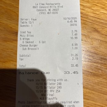 Twin Peaks - Receipt Half the wings dried out. I told the server and she said "well at least the other half were good - Sports Bars Near Me - Concord, North Carolina Twin Peaks - Receipt Half the wings dried out. I told the server and she said "well at least the other half were good - Sports Bars Near Me - Concord, North Carolina