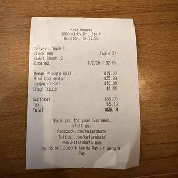 Kata Robata - Receipt - Sushi Bars Near Me - Houston, Texas