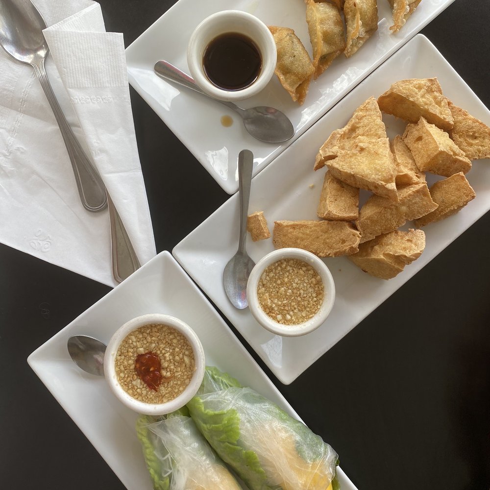 Veggie dumplings, tofu triangles and fresh mango lettuce wraps Veggie dumplings, tofu triangles and fresh mango lettuce wraps