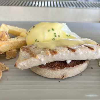 The Naughty Fox - Eggs Benedict fish of the day -- mahi - New American Near Me - Avalon, California