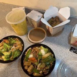 Triple delight, mixed vegetables, shrimp, egg foo yong, large egg, drop soup, white rice Triple delight, mixed vegetables, shrimp, egg foo yong, large egg, drop soup, white rice