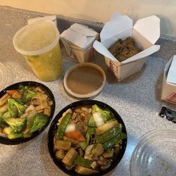 Jerry Yum's - Triple delight, mixed vegetables, shrimp, egg foo yong, large egg, drop soup, white rice