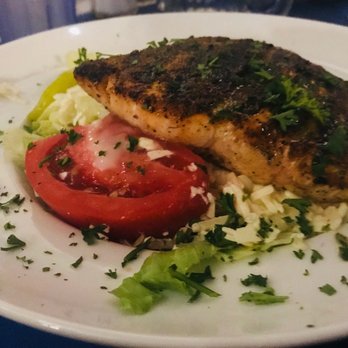 Olympia Cafe - Blackened salmon over Greek salad - Greek Near Me - Savannah, Georgia Olympia Cafe - Blackened salmon over Greek salad - Greek Near Me - Savannah, Georgia