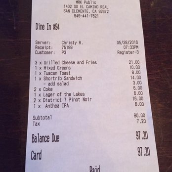 MRK Public - We paid for another tables bill picking up $97 tab! What the heck!!! I don't even know how this could even happen in a small restaurant - New American Near Me - San Clemente, California MRK Public - We paid for another tables bill picking up $97 tab! What the heck!!! I don't even know how this could even happen in a small restaurant - New American Near Me - San Clemente, California
