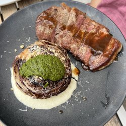 The Good Earth - Sirloin steak main, with potato puree, roasted radicchio and a salsa verde - freaking fantastic