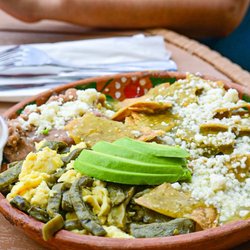 Chilaquiles Verdes con Huevo, Nopales, Aguacate, y Frijoles. Green Chilaquiles with Egg, Cactus, Avocado, and Beans.
