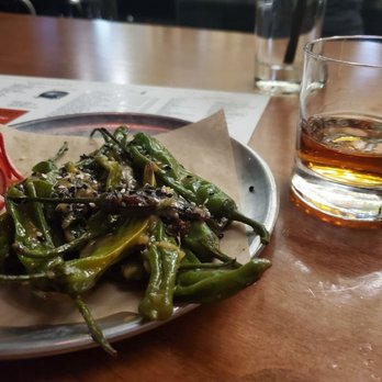Stack 571 Burger & Whiskey Bar - Miso shishito peppers on happy hour and the Cadee whiskey! - American Near Me - Lake Tapps, Washington