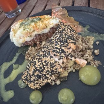 Jake's - Herb Sumac Crusted Norwegian Salmon w/lobster tail - New American Near Me - Del Mar, California Jake's - Herb Sumac Crusted Norwegian Salmon w/lobster tail - New American Near Me - Del Mar, California