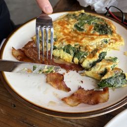 Omelet with spinach, cheese. I guess they don't know what add bacon means Omelet with spinach, cheese. I guess they don't know what add bacon means