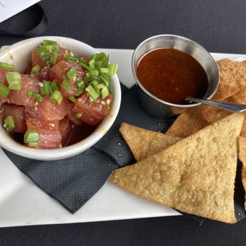 Chandler Hill Vineyards - Poke bowl tuna appetizer with spicey sauce and wontons. - Wineries Near Me - Defiance, Missouri Chandler Hill Vineyards - Poke bowl tuna appetizer with spicey sauce and wontons. - Wineries Near Me - Defiance, Missouri