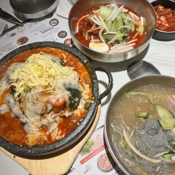 Kunjip - Hwe Naengmyun (top), Mul Naengmyun (bottom right), Cheese Maeun Galbi Jjim (bottom left) - Korean Near Me - Santa Clara, California