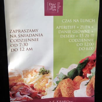 Pergamin - Pergamin: od 12:00 do 18:00 aperitiff + zupa + drugie danie + desery = 15 zł - Pubs Near Me - Kraków, Massachusetts Pergamin - Pergamin: od 12:00 do 18:00 aperitiff + zupa + drugie danie + desery = 15 zł - Pubs Near Me - Kraków, Massachusetts
