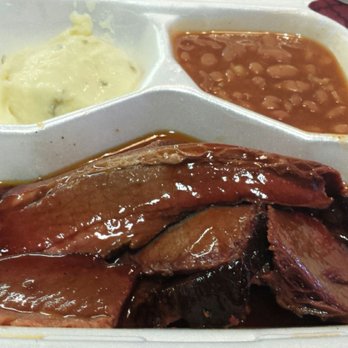 Mama & Papa B's Bar-BQ - Generously sauced beef, creamy smooth potato salad, portion o' beans. Let's dig in! - Barbeque Near Me - Waco, Texas