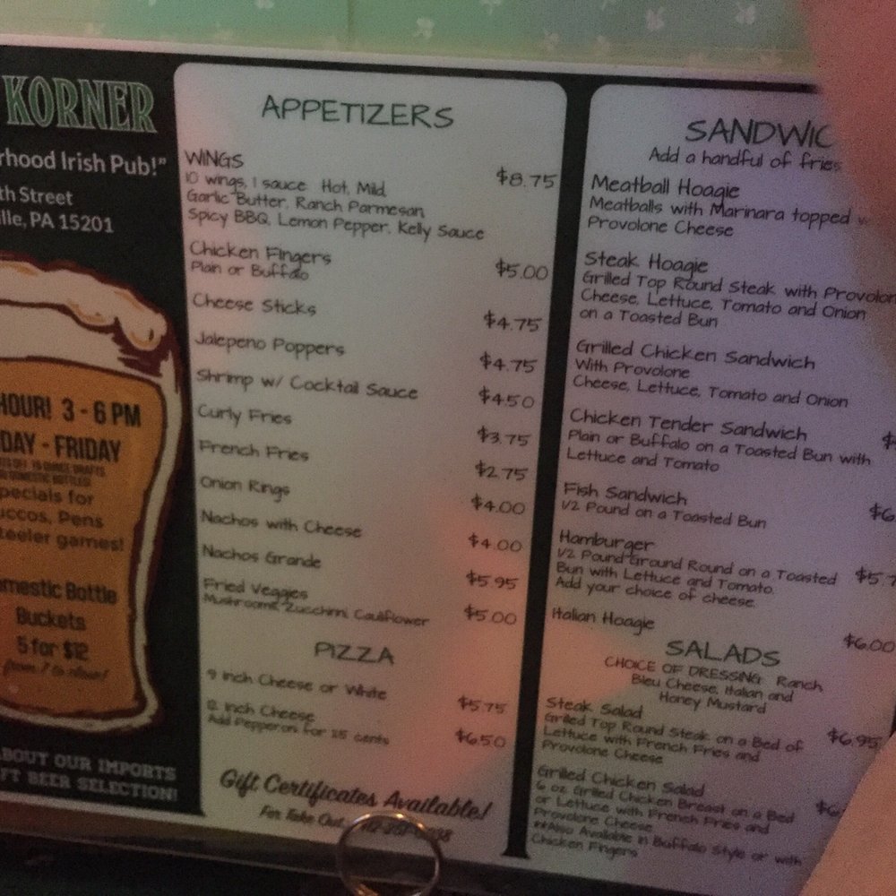 The bar menu for Kelly's. The bar menu for Kelly's.