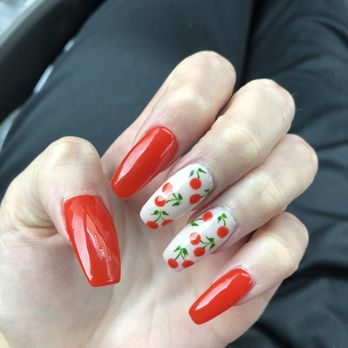 Glamorous Nails Spa - Cherry Red Acrylic Nails by Andy - Waxing Near Me - Houston, Texas