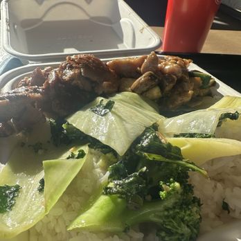 Panda Express - Teriyaki chicken, chicken and mushroom over white rice & greens - Chinese Near Me - Ledgewood, New Jersey