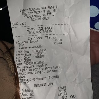 Baskin-Robbins - a receipt for a restaurant - Ice Cream & Frozen Yogurt Near Me - Albuquerque, New Mexico