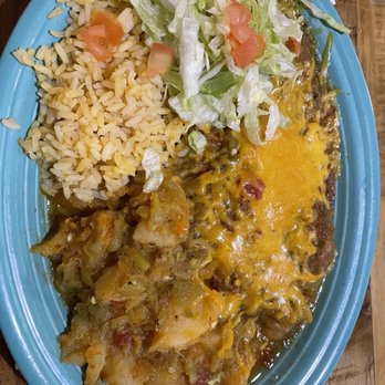 Garcia's Kitchen Express - Chile relleno plate with rice and papas covered with green chile - Mexican Near Me - Albuquerque, New Mexico