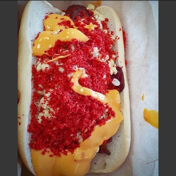 Churrito Loco - Bacon dog with esquite and hot cheetos. Super salty and messy! - Desserts Near Me - Colton, California Churrito Loco - Bacon dog with esquite and hot cheetos. Super salty and messy! - Desserts Near Me - Colton, California