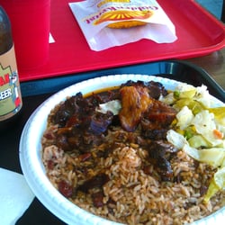 Melting Pot Cuisine - oxtail (comes with plantains, sauteed cabbage, rice with beans) and ginger beer