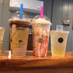 Four Seasons Nutrition - Lemon cran tea, peanut butter Twix protein shake, strawberry cheesecake protein shake and a lemon mango tea