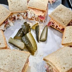 Town Hall Delicatessen - The Original Sloppy Joe sandwich. Two servings. Ham, beef tongue, Swiss, rye, dry coleslaw, Russian dressing.