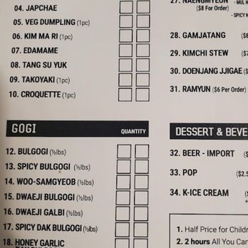 Gogi Korean BBQ - Checklist for ordering - Korean Near Me - Calgary, Alberta