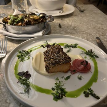 Queensyard - Brussels sprouts and salmon - Modern European Near Me - New York, New York Queensyard - Brussels sprouts and salmon - Modern European Near Me - New York, New York
