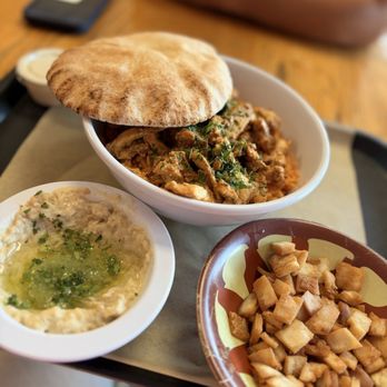 Taste of Jerusalem - Chicken Shawerma with Baba Ghanouj and pita chips - Mediterranean Near Me - Plainfield, Illinois