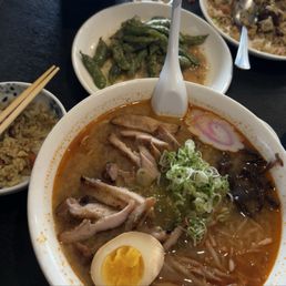 Spicy Miso Ramen (i get chicken instead of chashu), Garlic Truffle Sauce Edamame, Fried Rice