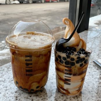 KURIMU - black sugar boba milk tea (left), white rabbit/orange swirl messy boba (right) - Bubble Tea Near Me - Chicago, Illinois