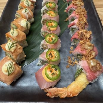 Shimogamo - Right to left: Surf 'N Turf, Hamachi Lime Roll, Aburi Salmon Roll - Japanese Near Me - Gilbert, Arizona
