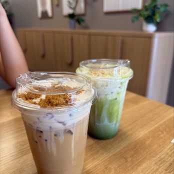 Sip & Sweets - cookie butter latte + banana matcha - Coffee & Tea Near Me - Ontario, California Sip & Sweets - cookie butter latte + banana matcha - Coffee & Tea Near Me - Ontario, California