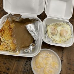 Les Sisters' Southern Kitchen - Country fried Steak, Eggs, and Mac and Cheese