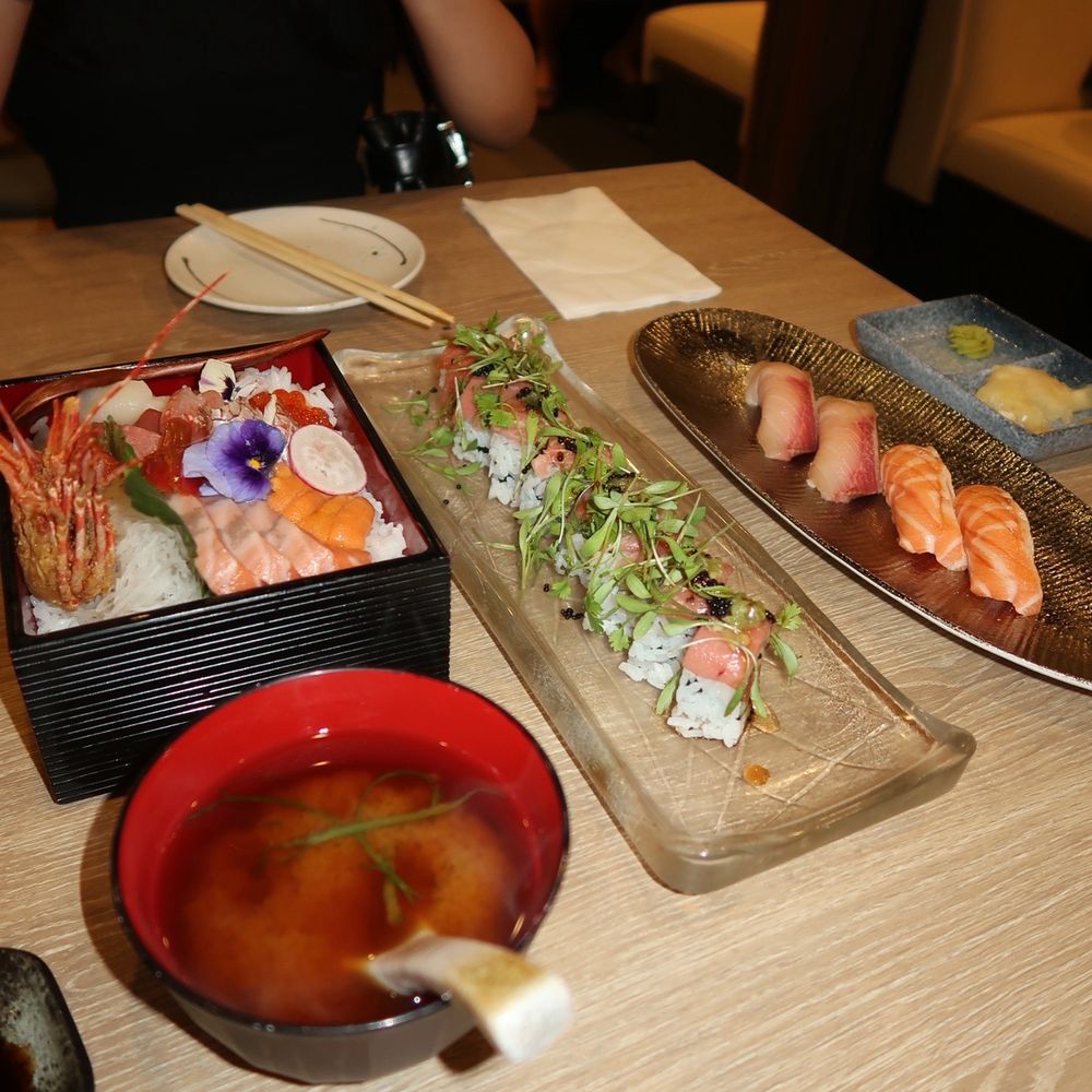 Deluxe Chirashi, Double Toro Roll, Salmon belly+hamachi nigiri, miso soup Deluxe Chirashi, Double Toro Roll, Salmon belly+hamachi nigiri, miso soup