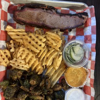 Hop Hog Backyard Brewpub - 6oz Brisket, waffle fries, Brussel sprouts, cornbread, and cucumber salad. - Breweries Near Me - Greenville, Michigan