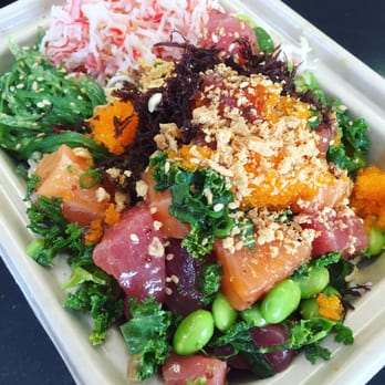 Poké Bar - Salmon & Tuna poke bowl in the house dressing with brown rice. Aloha served daily! - Seafood Near Me - Mountain View, California Poké Bar - Salmon & Tuna poke bowl in the house dressing with brown rice. Aloha served daily! - Seafood Near Me - Mountain View, California