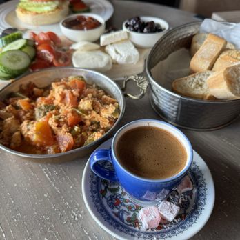 Coffee Turco - Turkish standard breakfast including Turkish coffee (front) and smoked salmon sandwich (back) - Turkish Near Me - Allston, Massachusetts